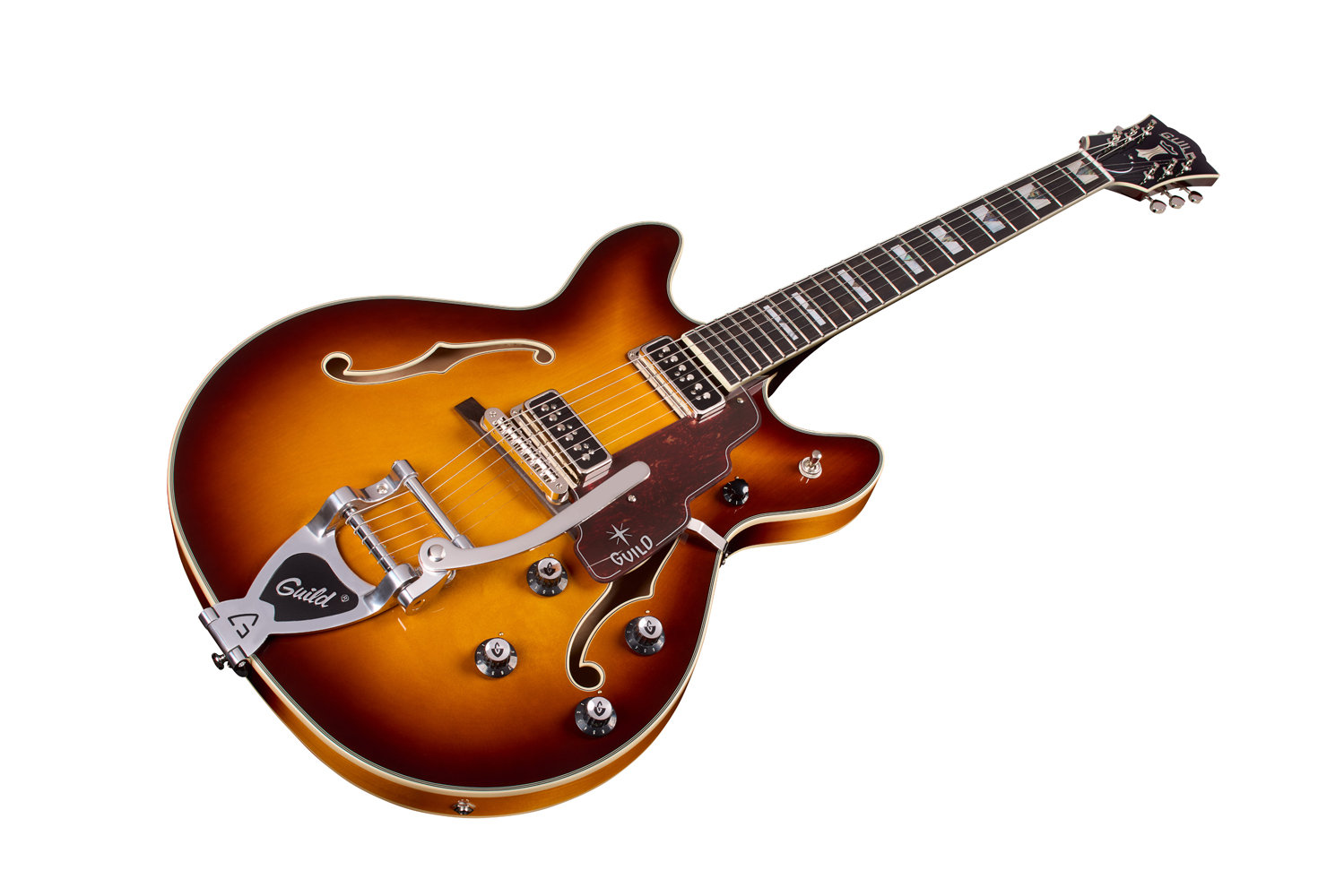 Angled front view of Starfire Custom DC GVT Sweet Tea guitar