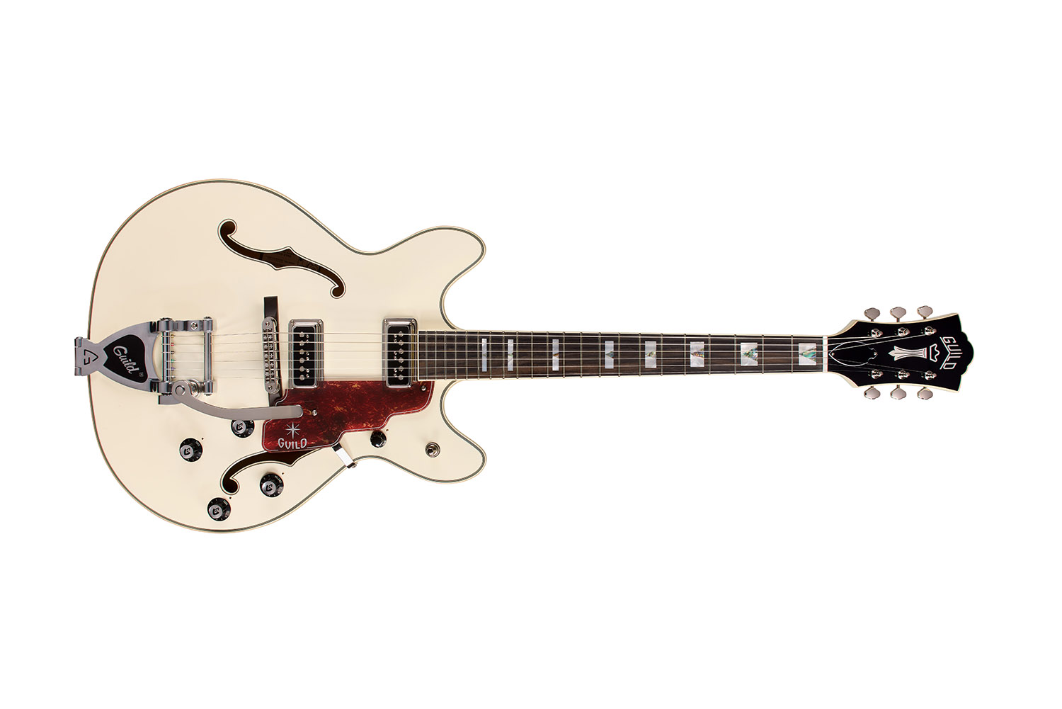 Horizontal front view of Starfire Custom DC GVT Vintage White guitar