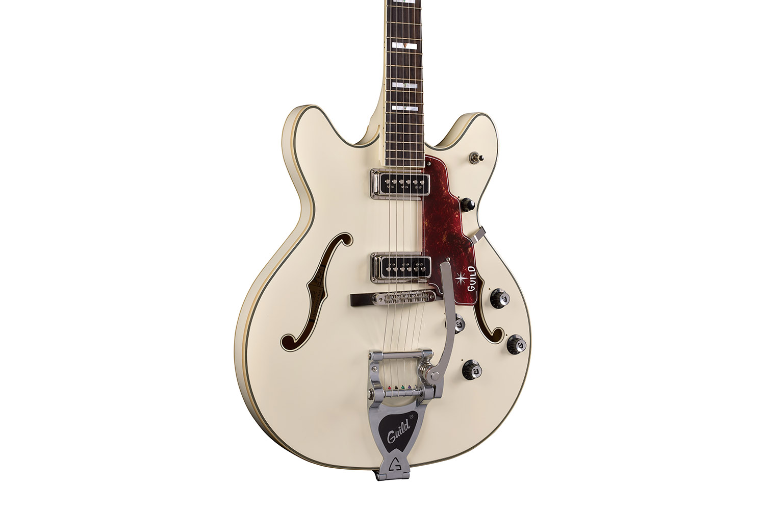 Close-up body view of Starfire Custom DC GVT Vintage White guitar