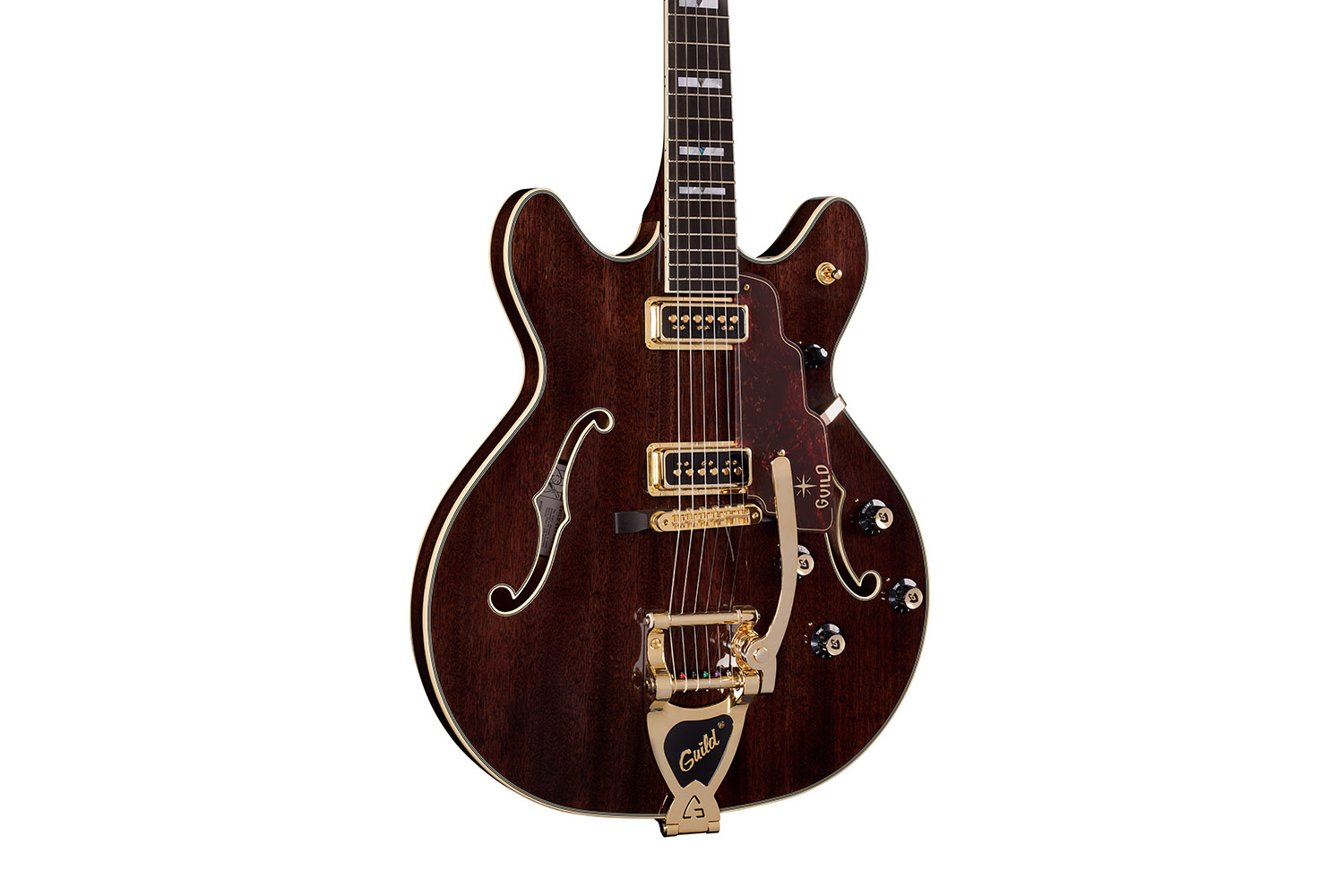 Close-up body view of Starfire Custom DC GVT GH Nobel Stain guitar
