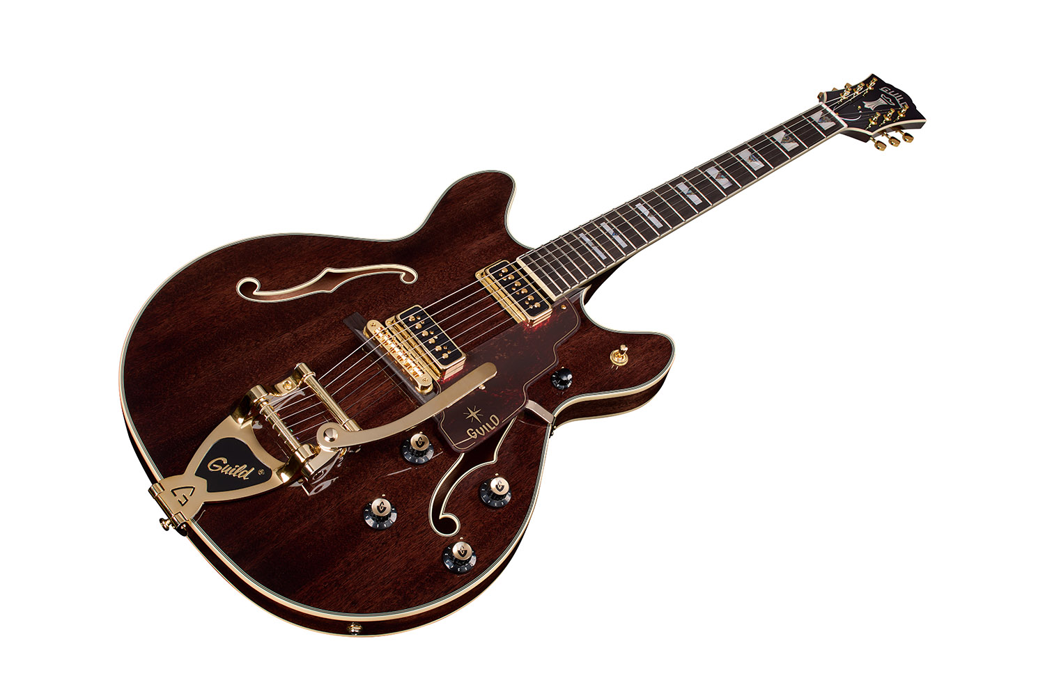 Angled front view of Starfire Custom DC GVT GH Nobel Stain guitar