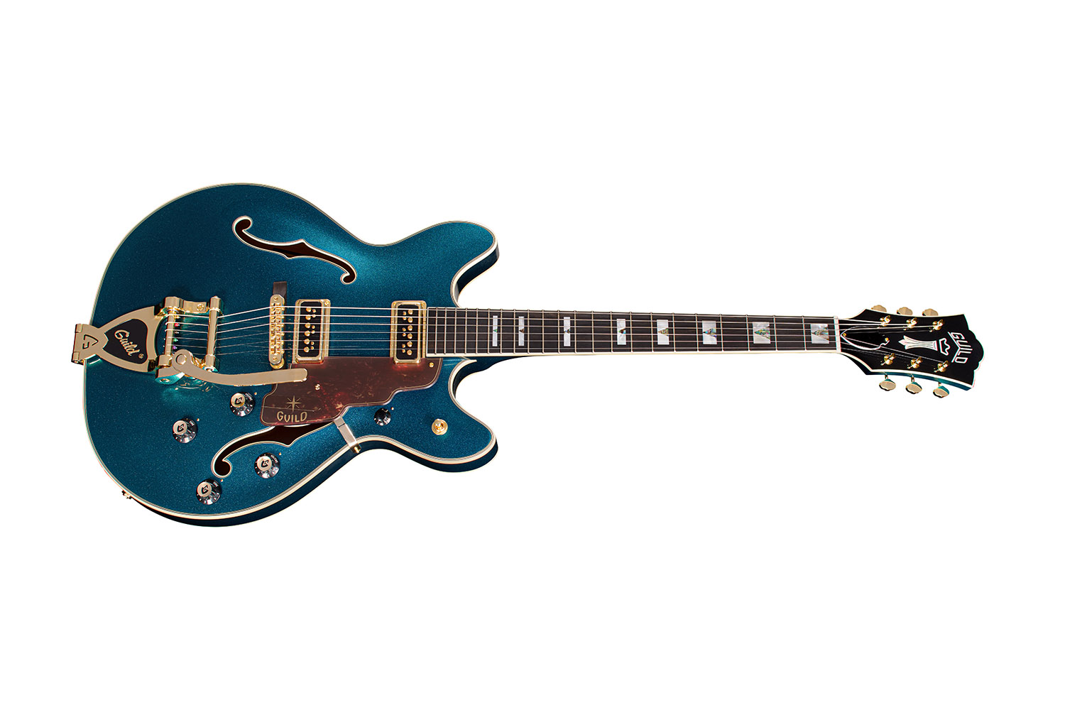 Horizontal side view of Starfire CustomÂ DC GVT GH Teal The Deal guitar