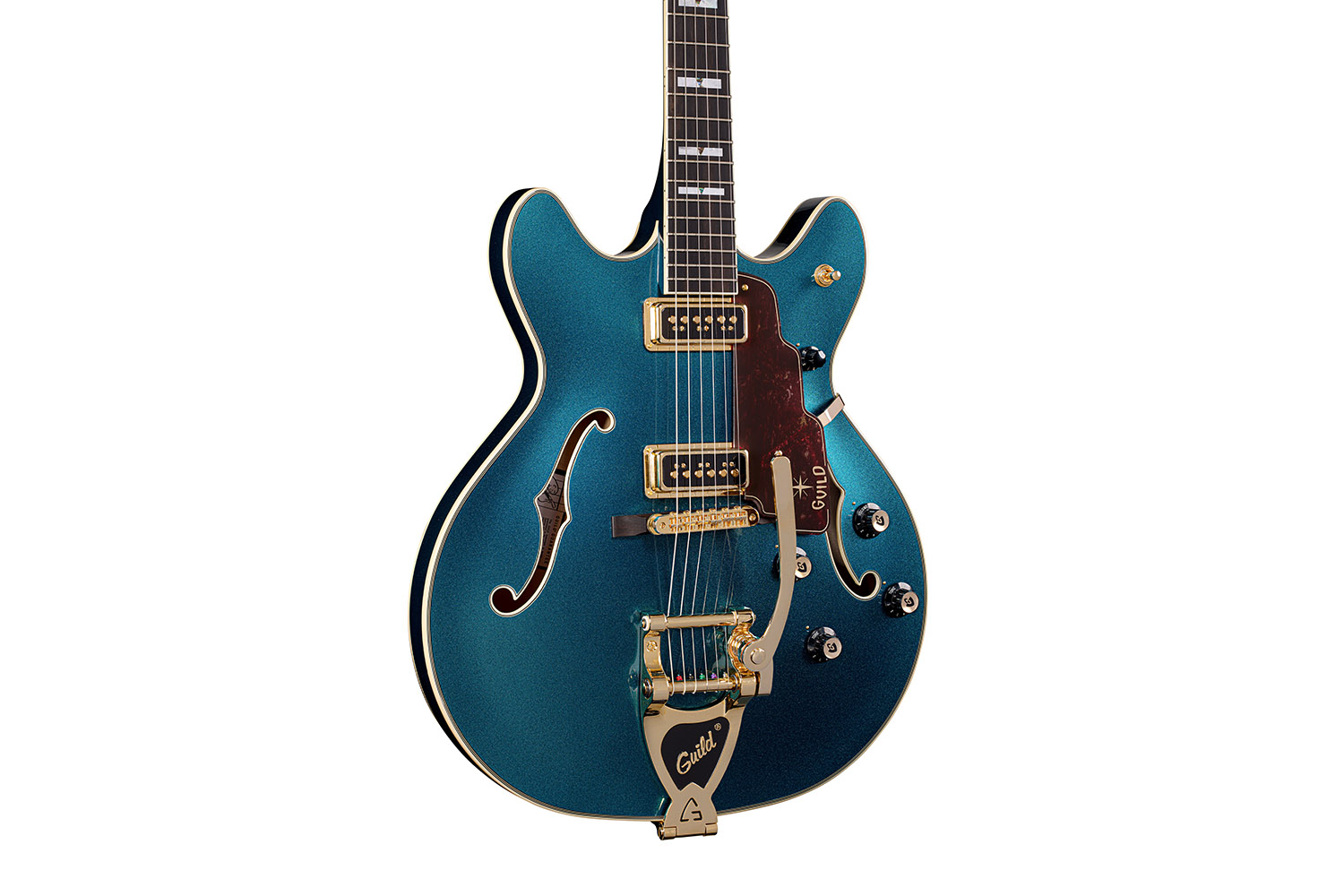 Close-up body view of Starfire CustomÂ DC GVT GH Teal The Deal guitar