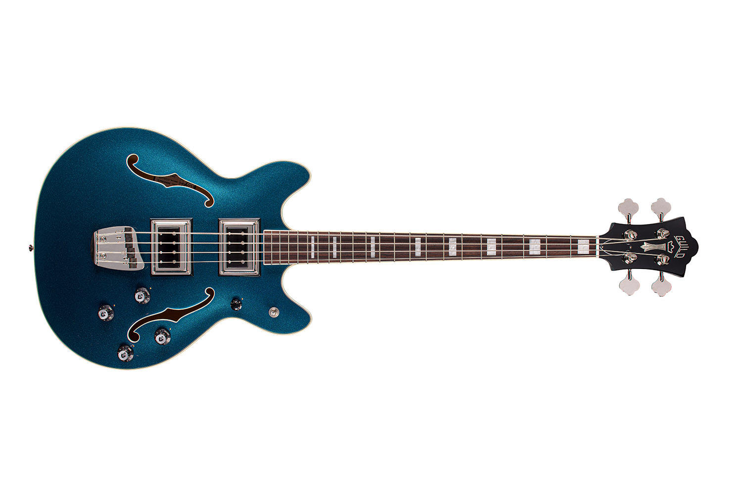 Horizontal front view of Starfire Deluxe Bass Teal the Deal guitar