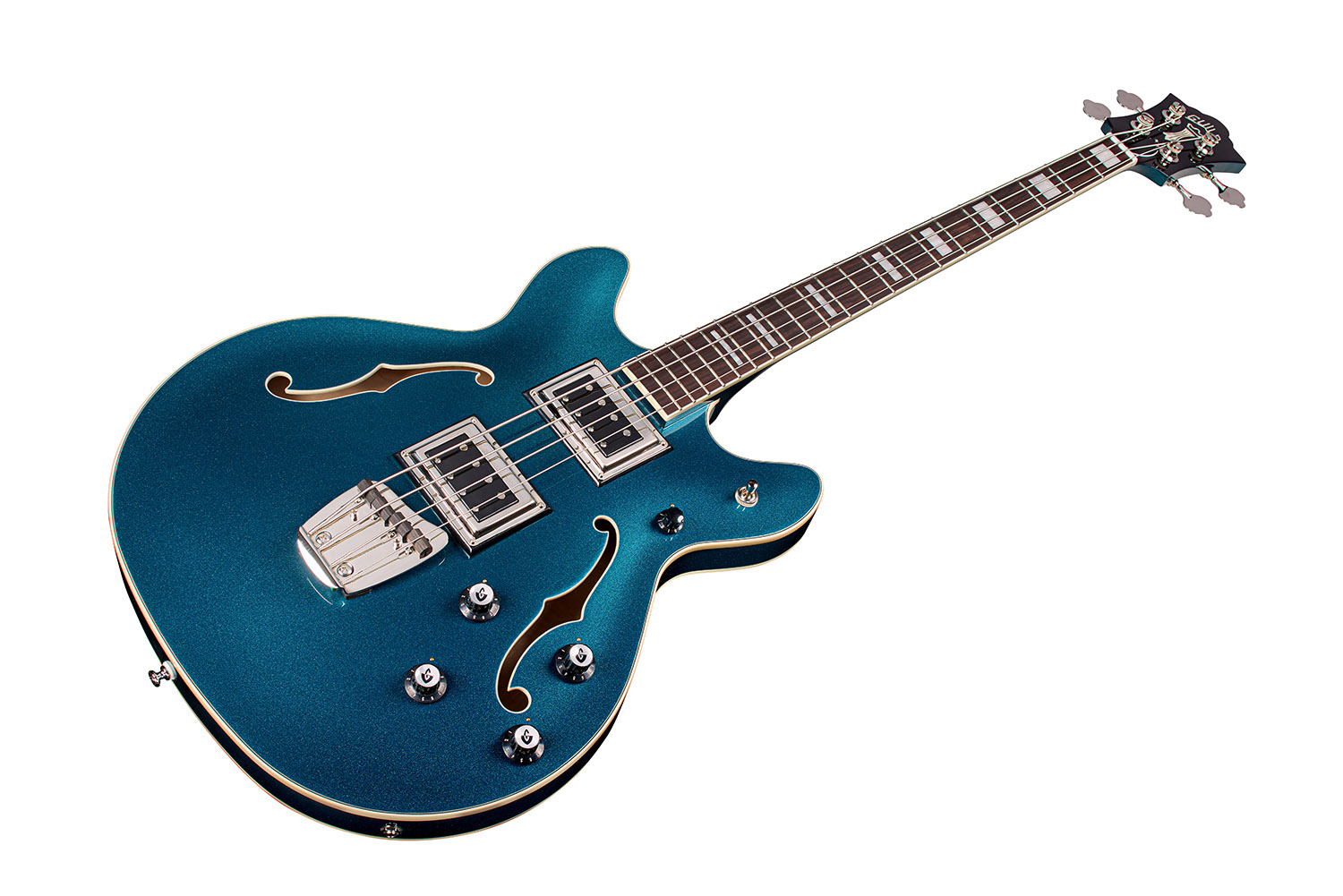 Angled front view of Starfire Deluxe Bass Teal the Deal guitar