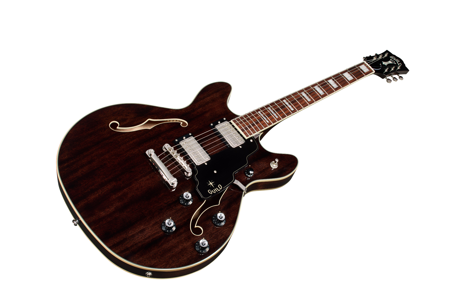 Angled front view of Starfire Deluxe DC Nobel Stain guitar