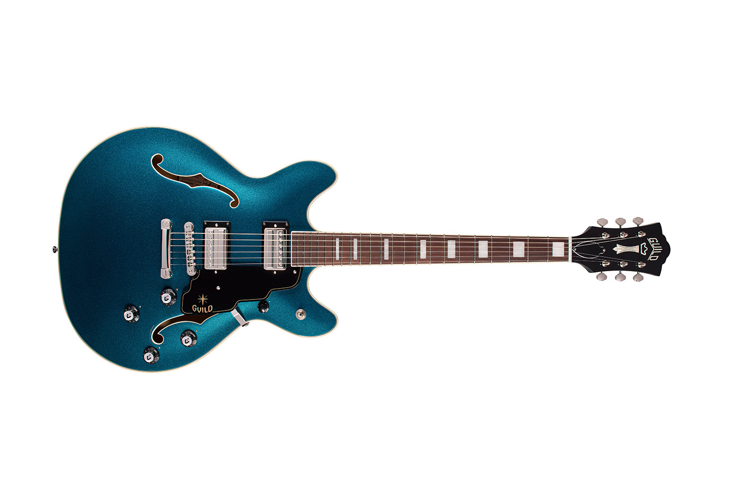 Horizontal front view of Starfire Deluxe DC Teal The Deal guitar
