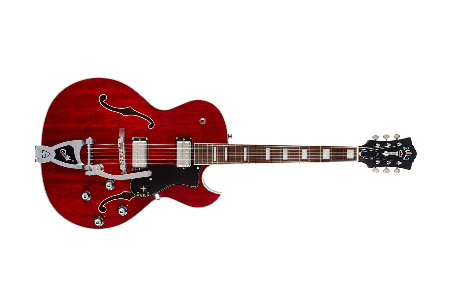 Horizontal front view of Starfire Deluxe DC GVT Cherry guitar