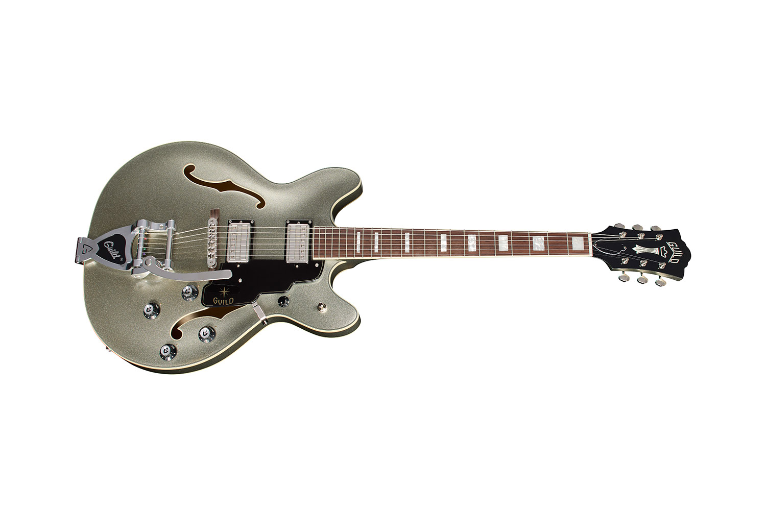 Horizontal side view of Starfire Deluxe DC GVT Vintage Sterling guitar
