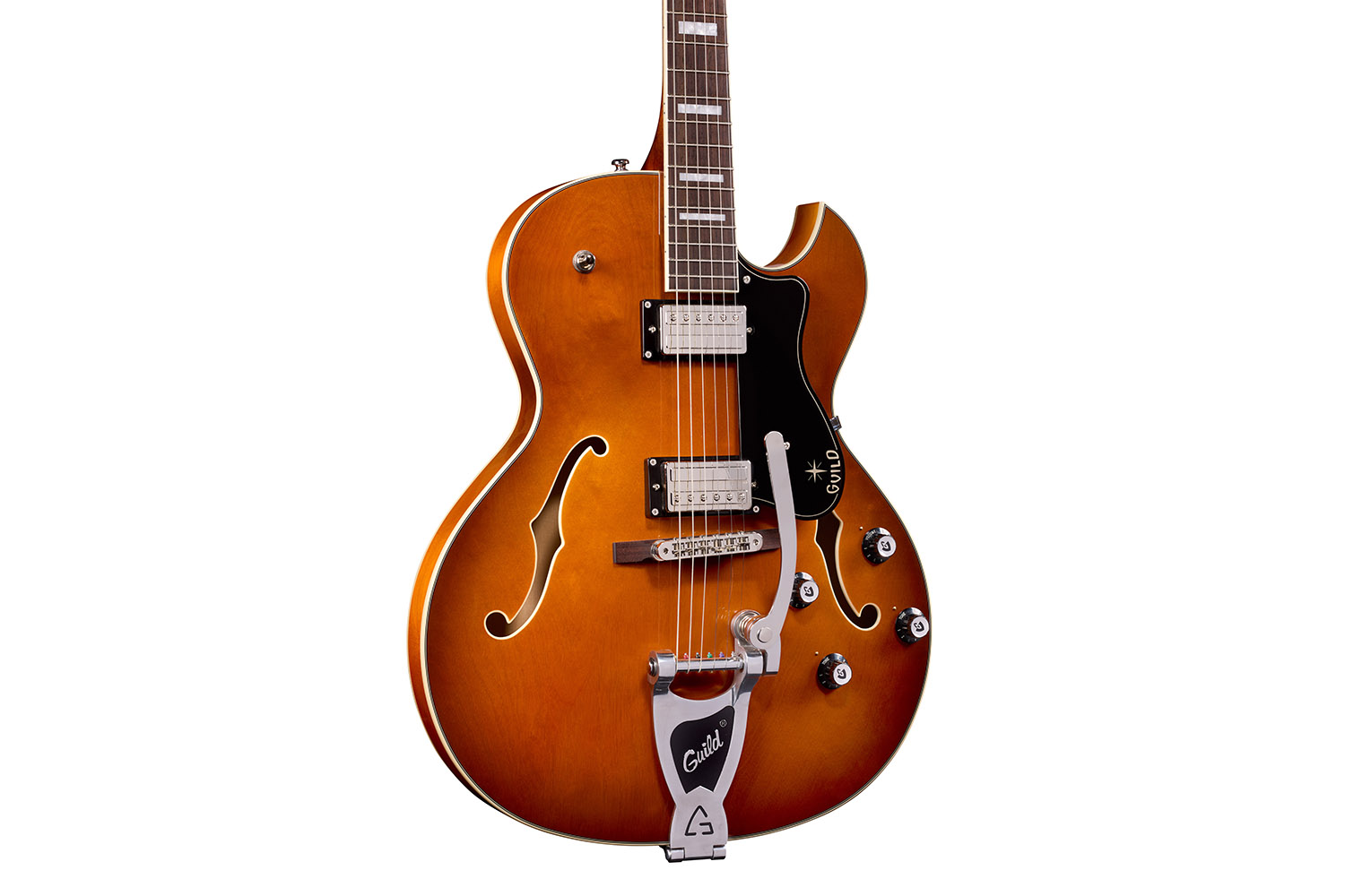 Close-up body view of Starfire Deluxe SC GVT Honey Burst guitar