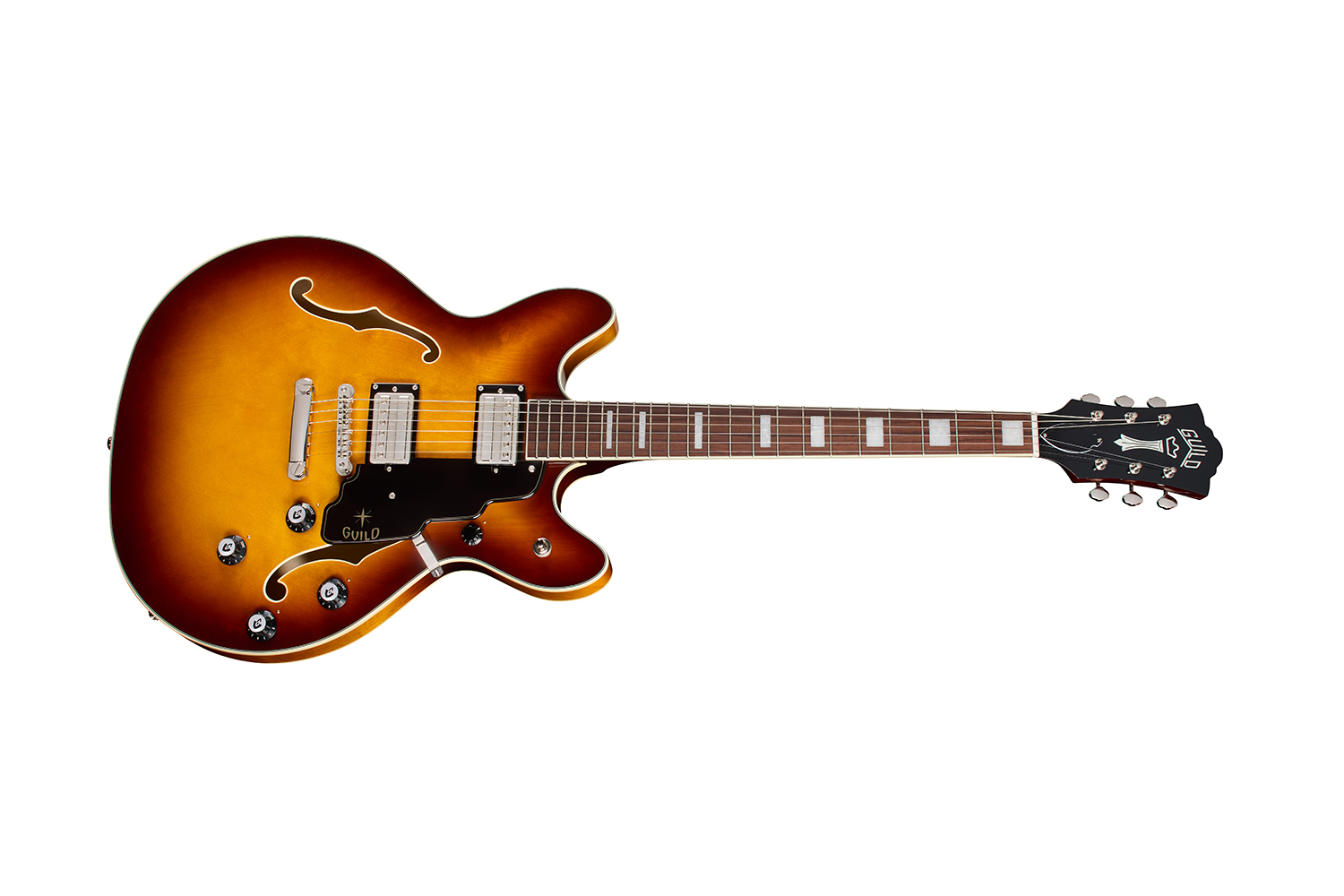 Horizontal side view of Starfire Deluxe DC Sweet Tea guitar