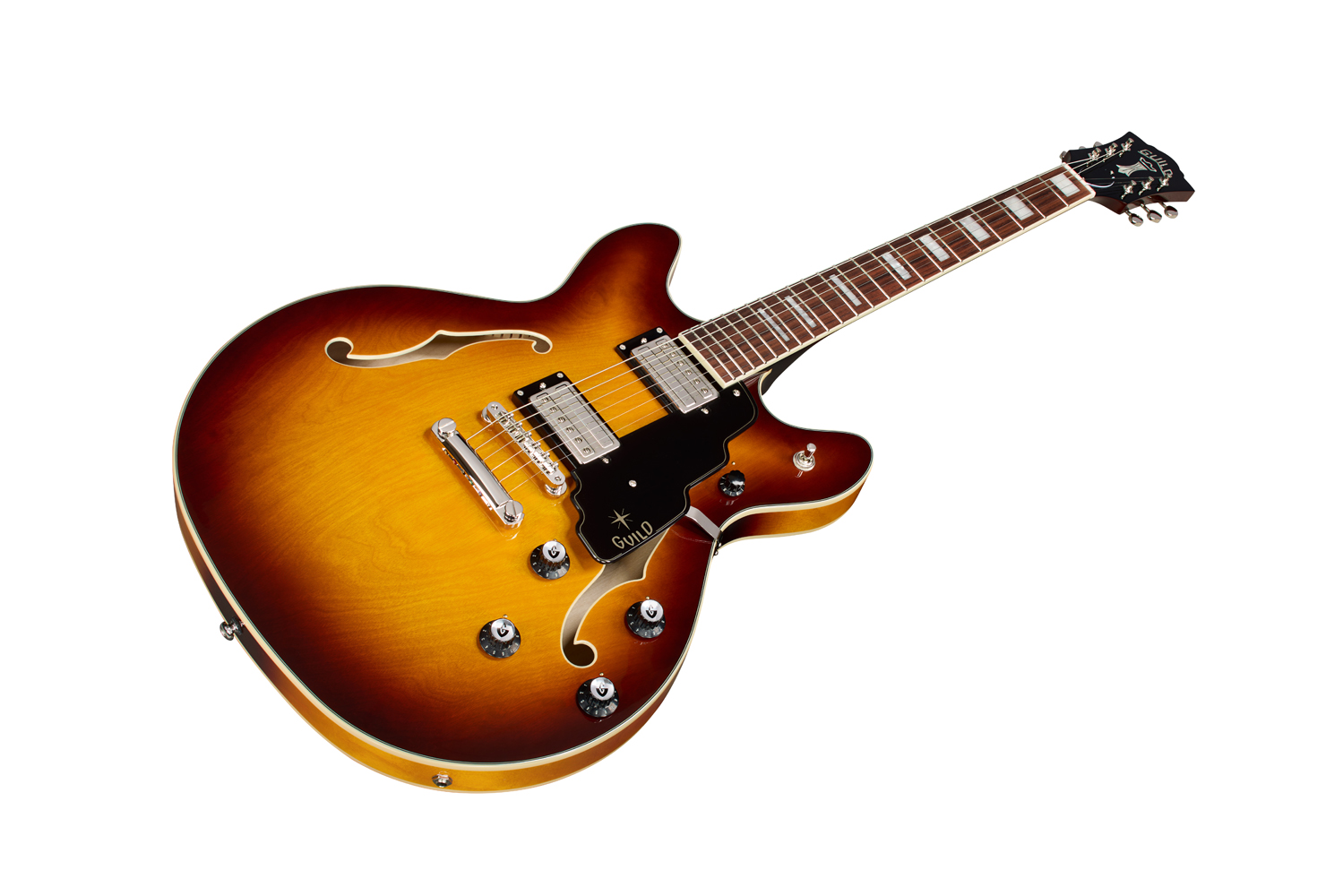 Angled front view of Starfire Deluxe DC Sweet Tea guitar