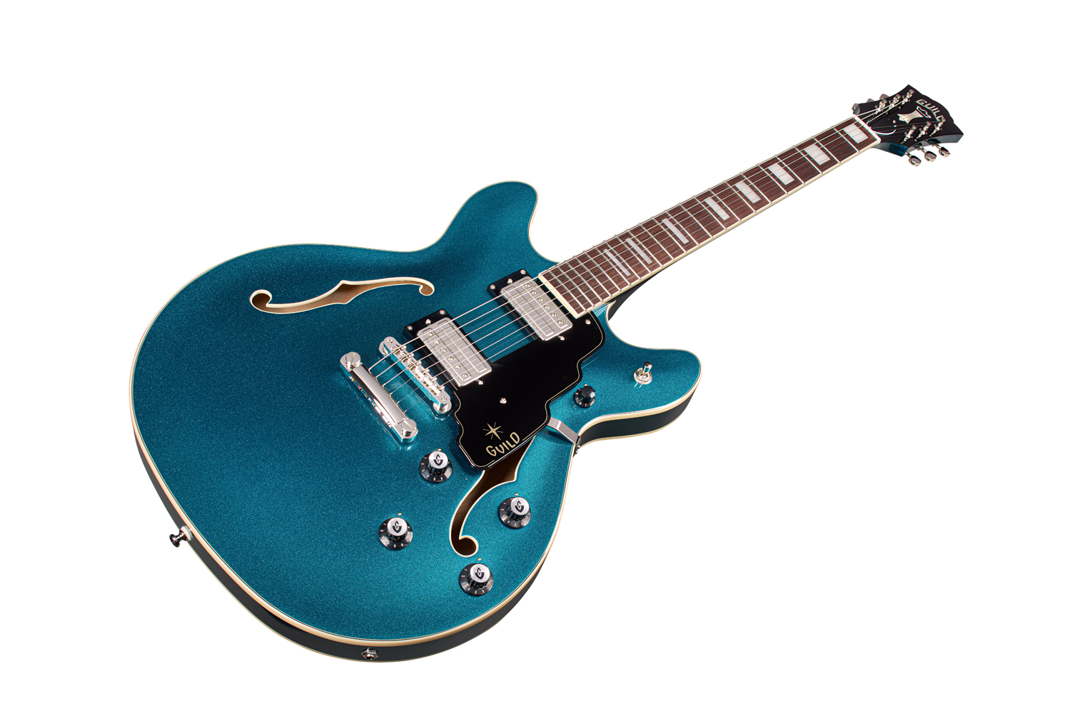 Angled front view of Starfire Deluxe DC Teal The Deal guitar