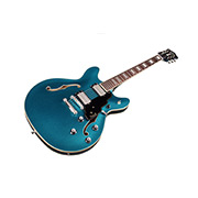 Angled front view of Starfire Deluxe DC Teal The Deal guitar