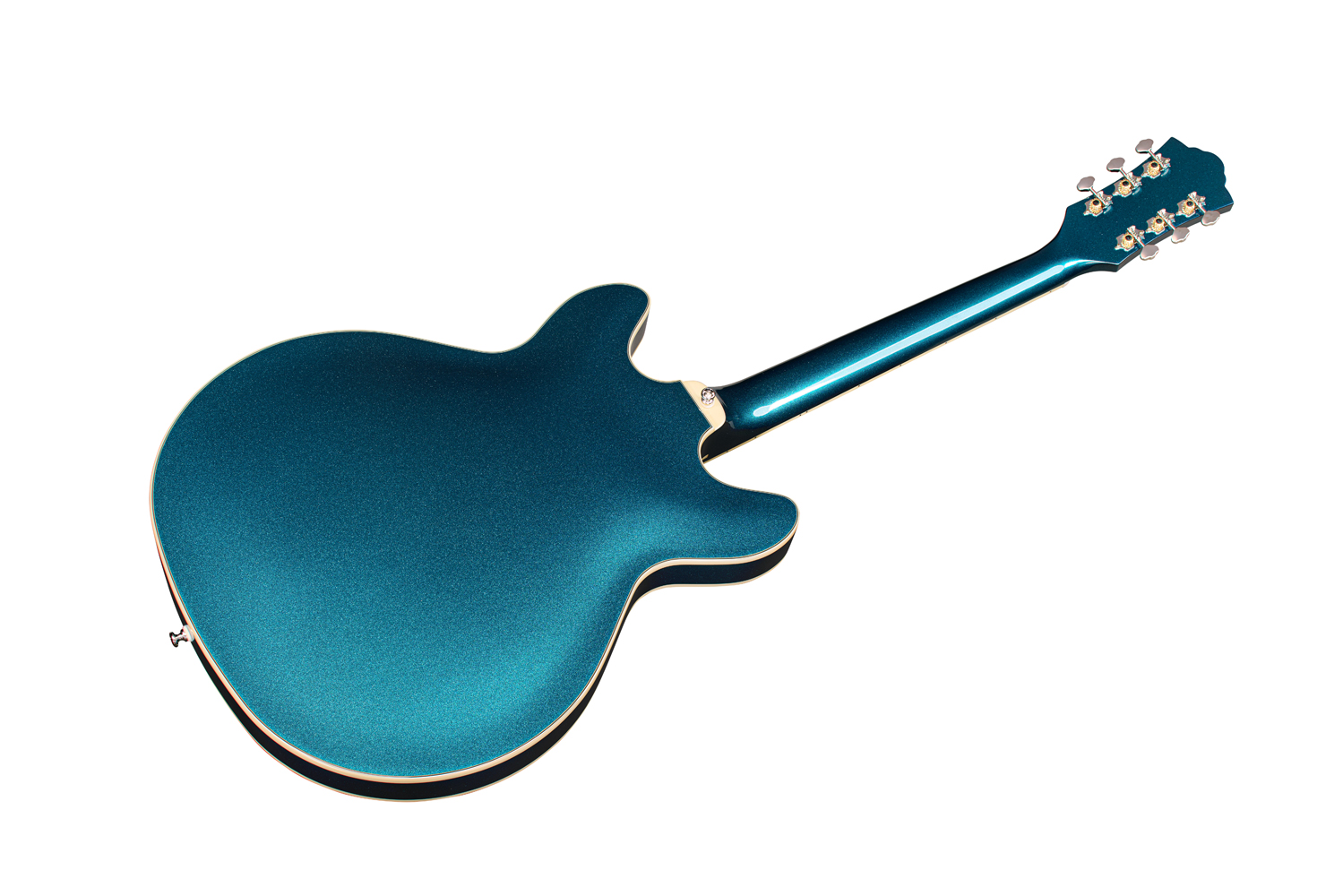 Angled back view of Starfire Deluxe DC Teal The Deal guitar
