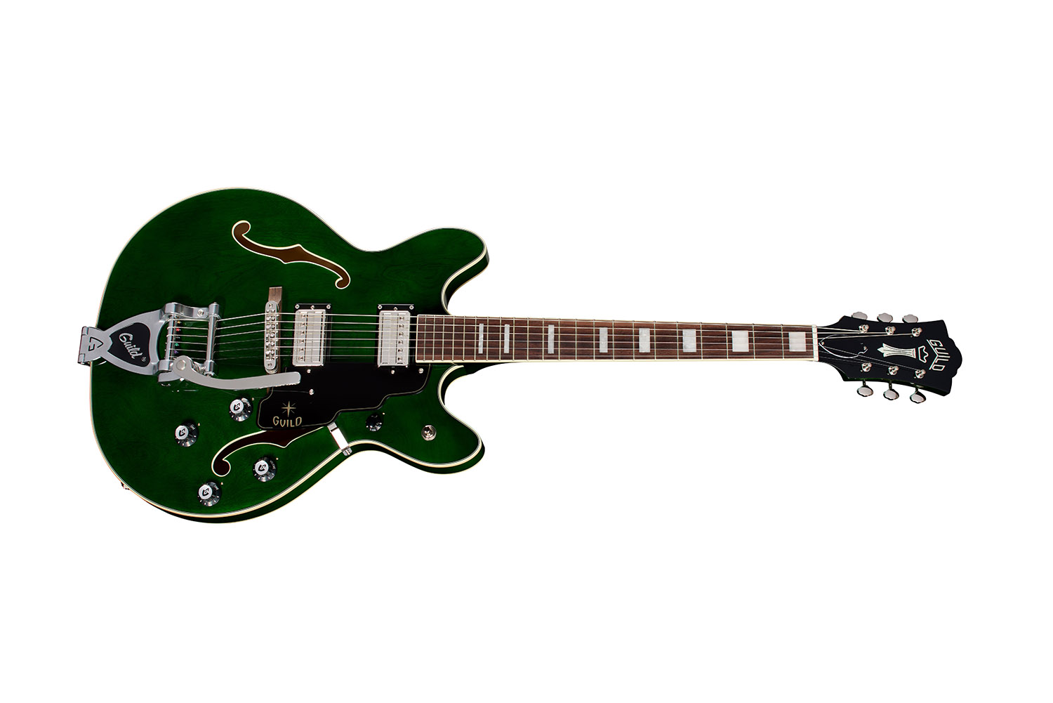 Horizontal side view of Starfire Deluxe DC GVT Emerald Green guitar