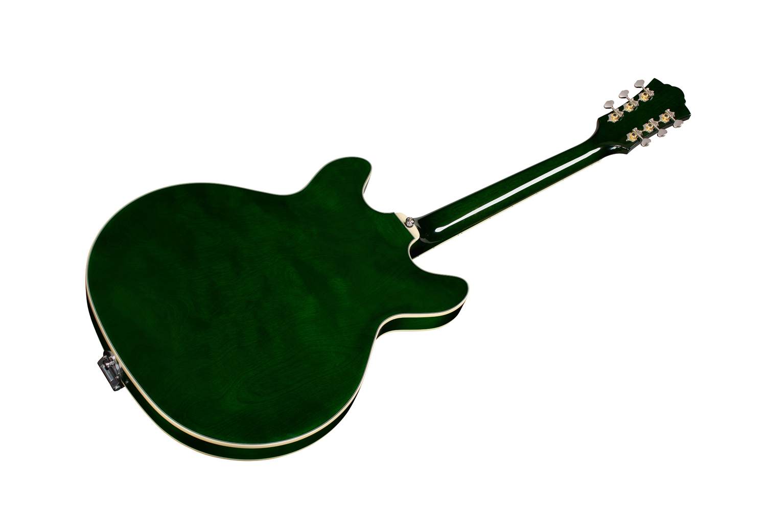 Angled back view of Starfire Deluxe DC GVT Emerald Green guitar