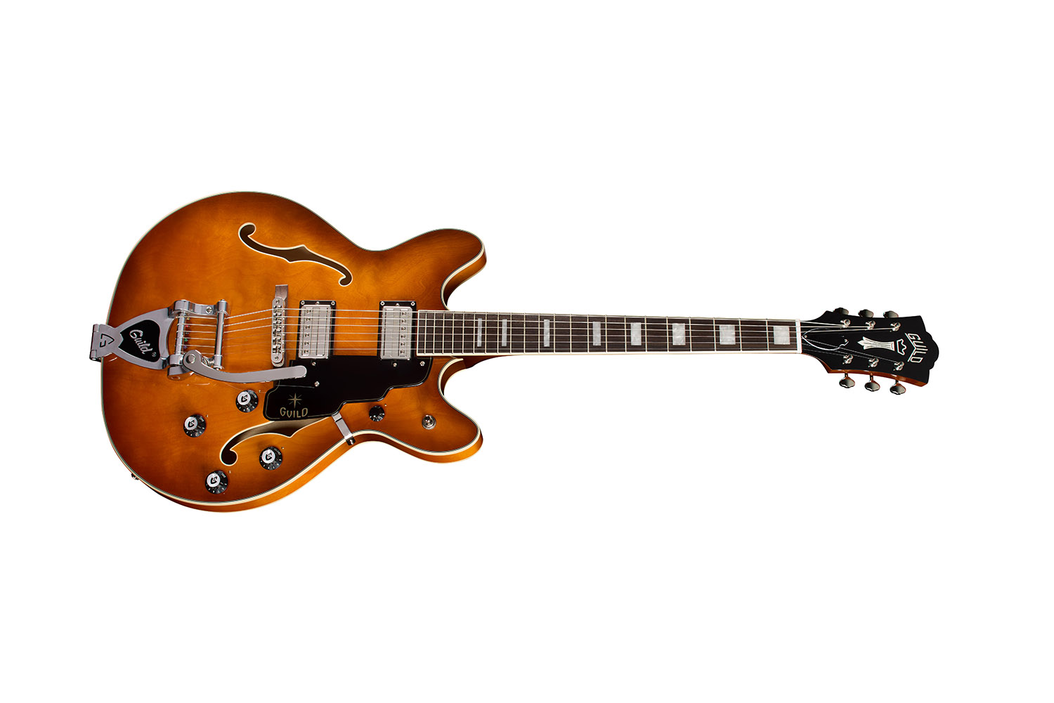 Horizontal side view of Starfire Deluxe DC GVT Honey Burst guitar