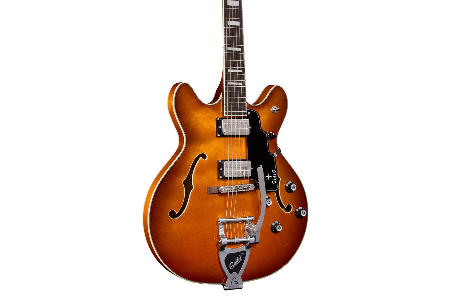 Close-up body view of Starfire Deluxe DC GVT Honey Burst guitar