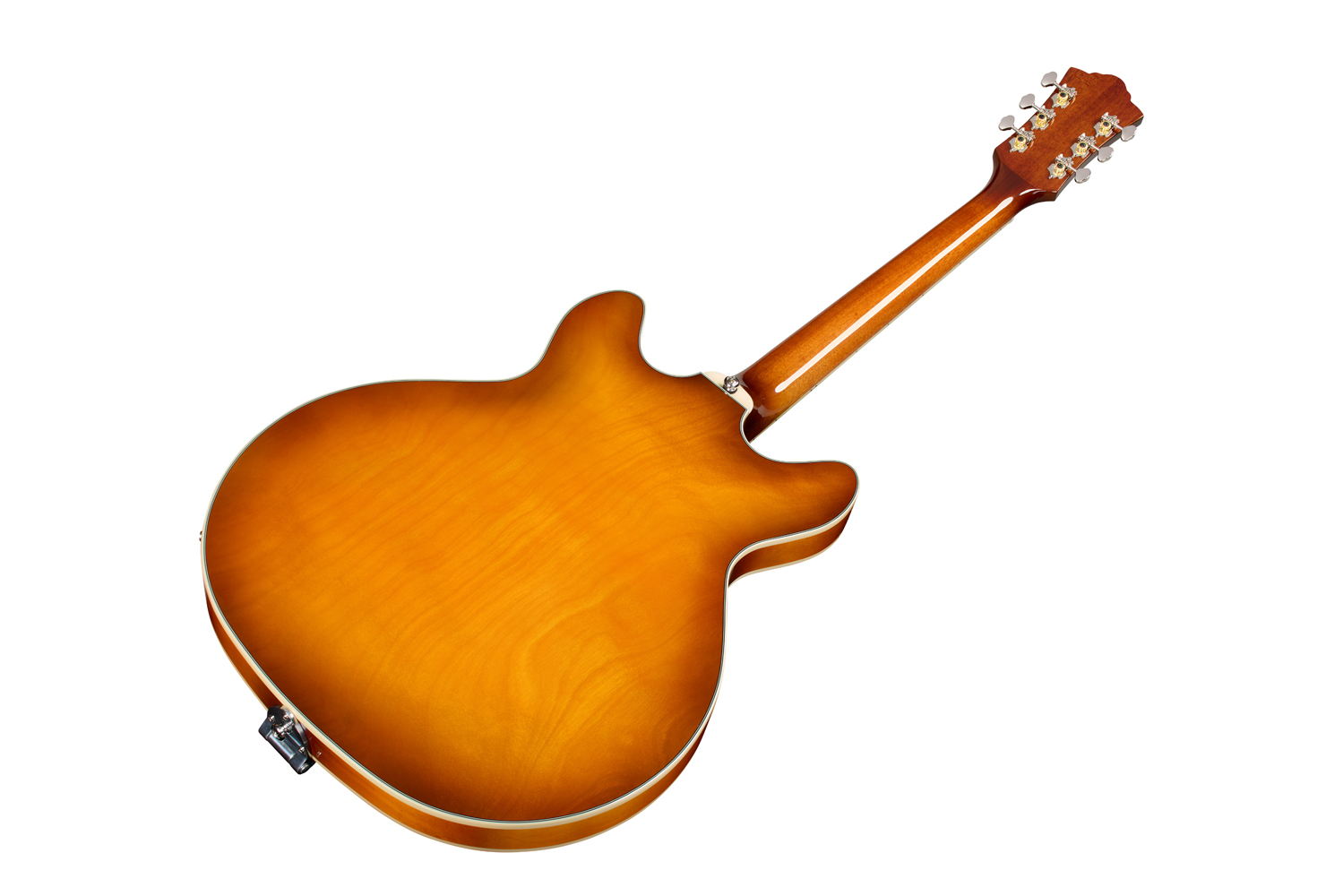 Angled back view of Starfire Deluxe DC GVT Honey Burst guitar