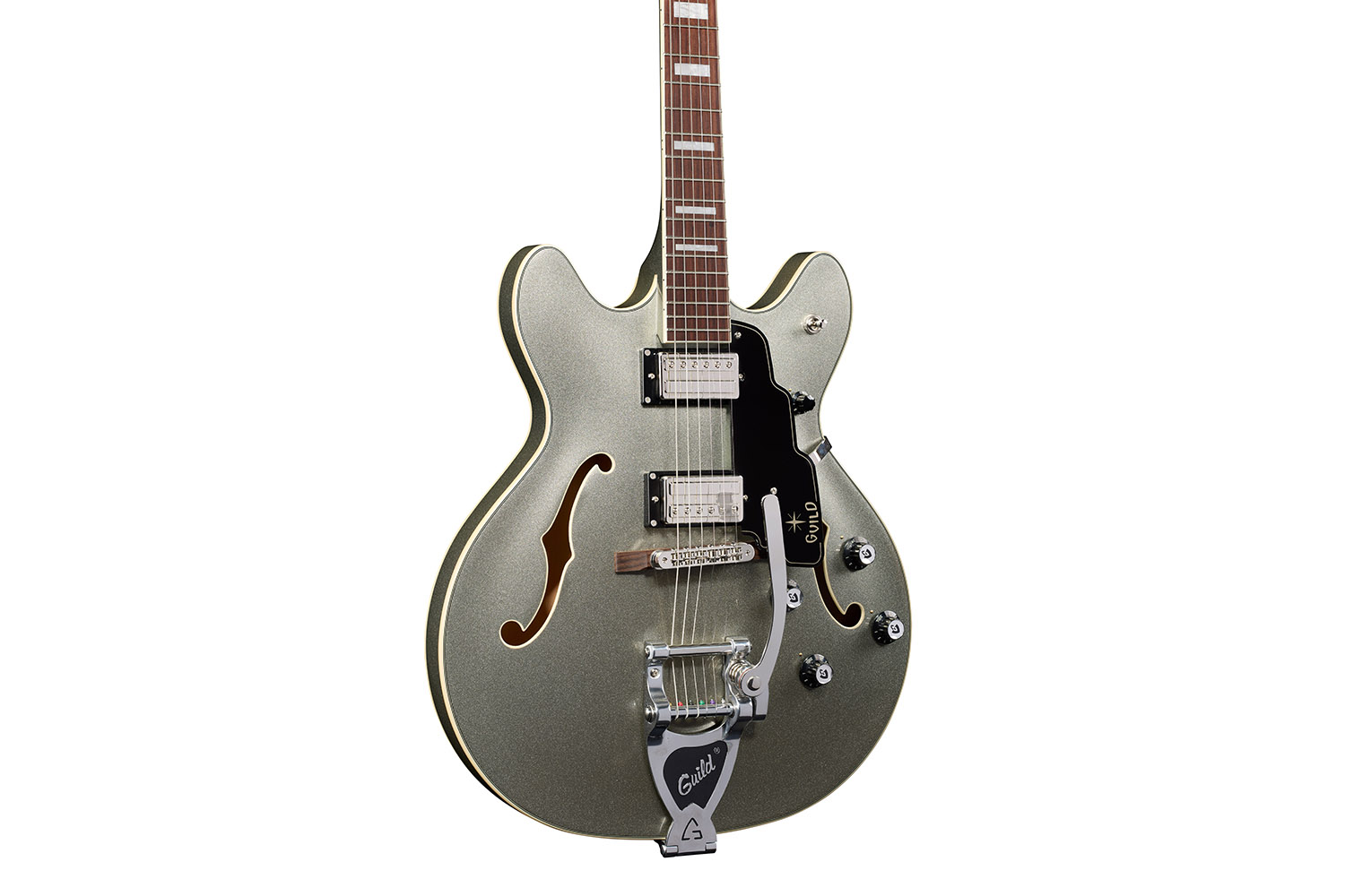 Close-up body view of Starfire Deluxe DC GVT Vintage Sterling guitar