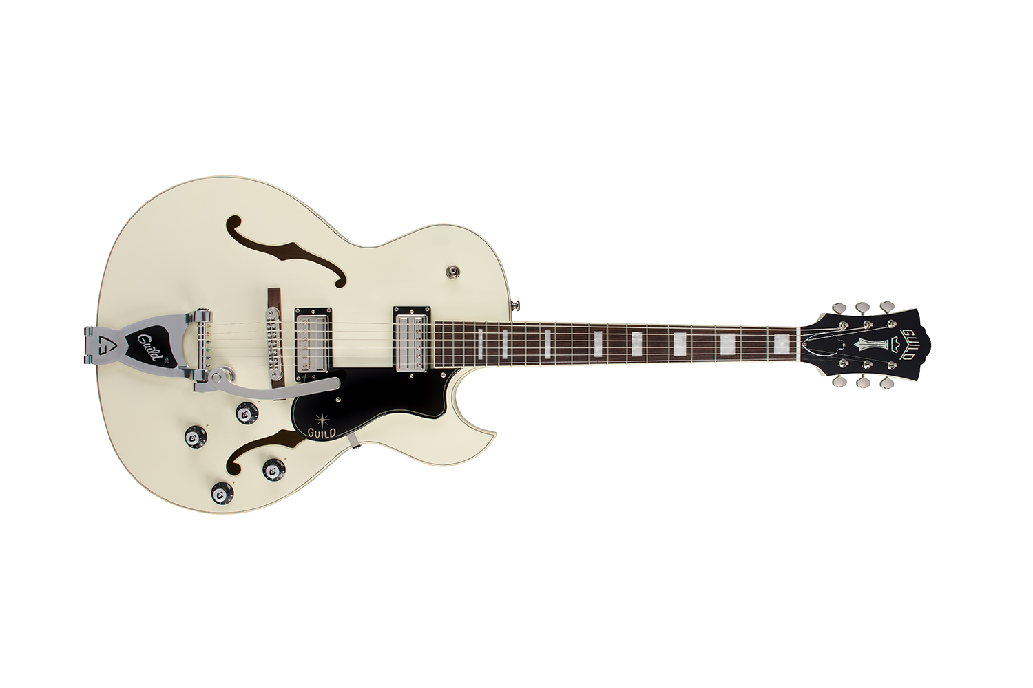 Horizontal front view of Starfire Deluxe SC GVT Vintage White guitar