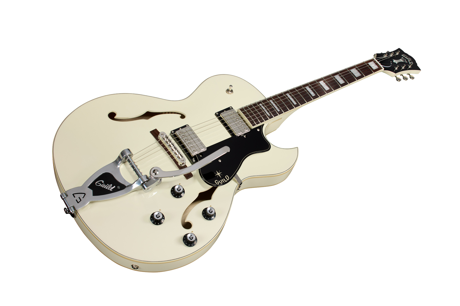 Angled front view of Starfire Deluxe SC GVT Vintage White guitar