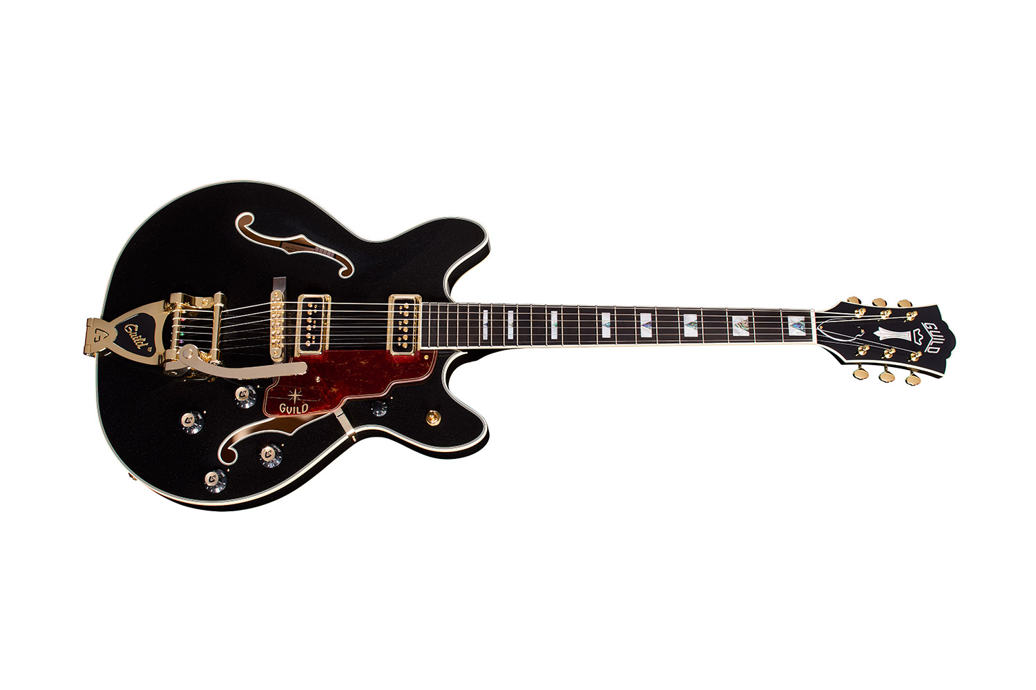 Horizontal side view of Starfire Custom DC GVT GH Black Metallic guitar
