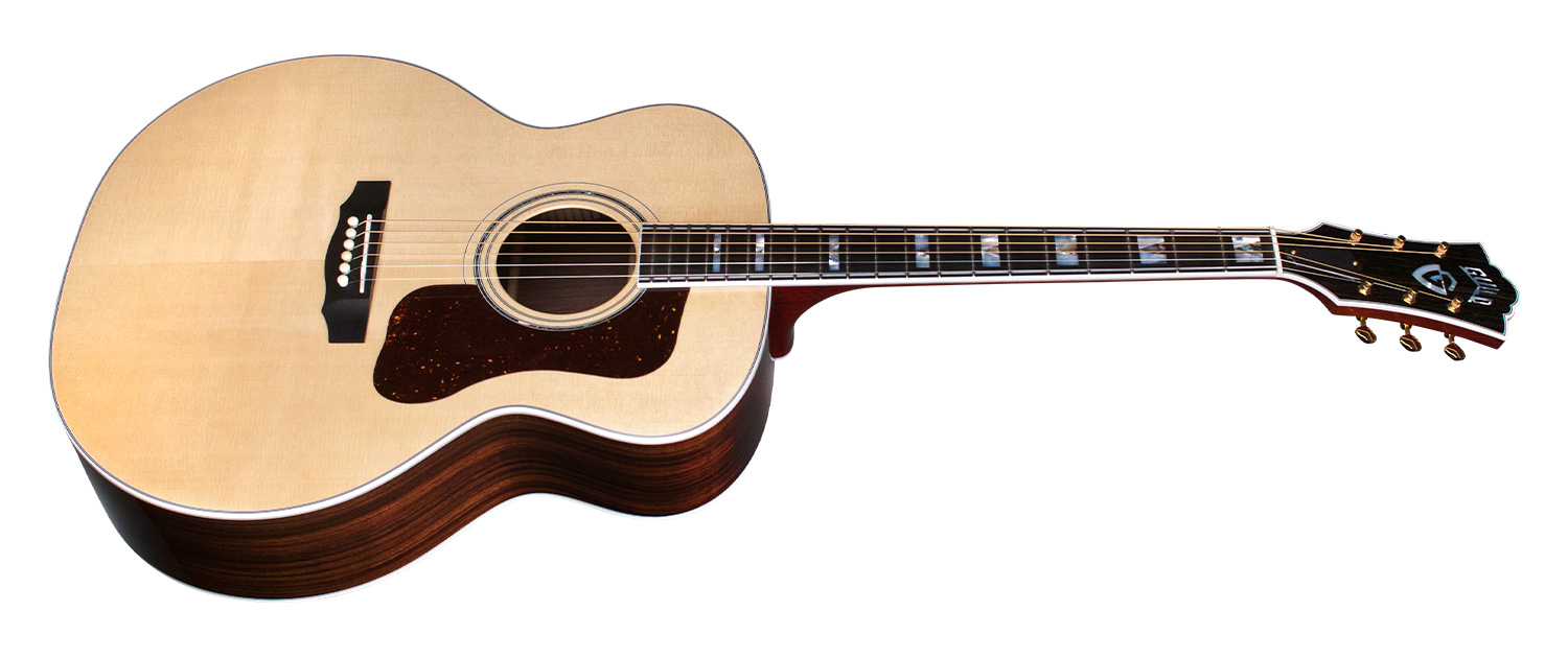 Horizontal side view of F-55 natural guitar