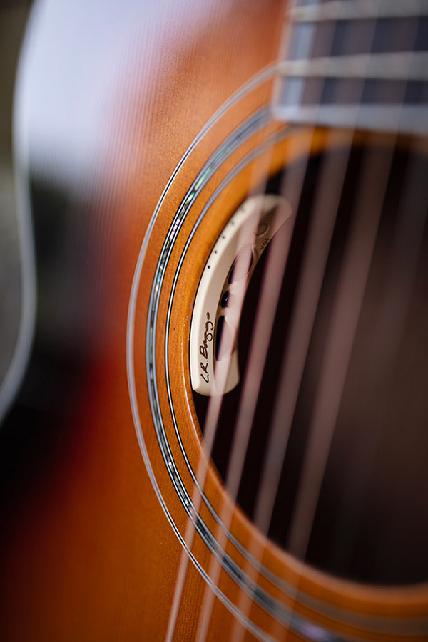 Close-up of F-55E Maple acoustic guitar's soundhole and strings, showcasing the wood grain and intricate details.