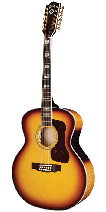 Vertical view of F-512E Maple Antique Burst guitar