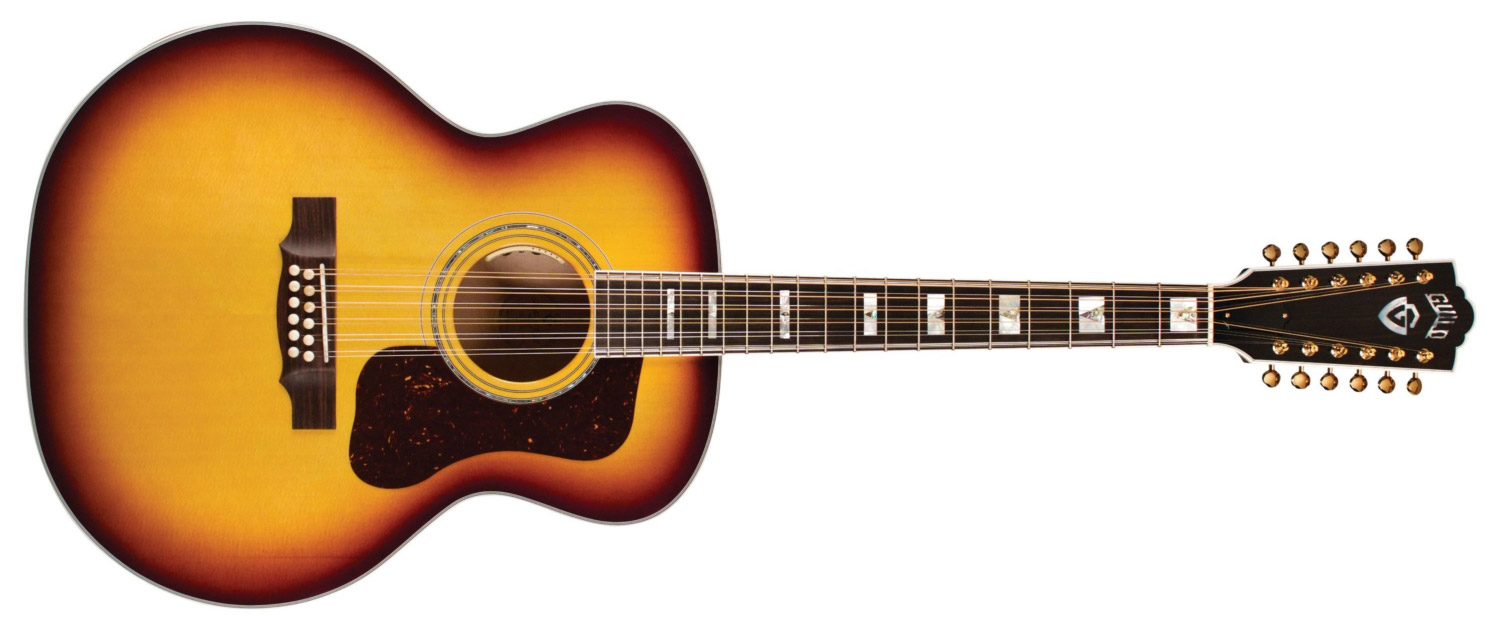 Horizontal front view of F-512E Maple Antique Burst guitar