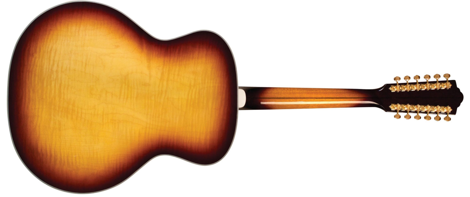 Horizontal back view of F-512E Maple Antique Burst guitar