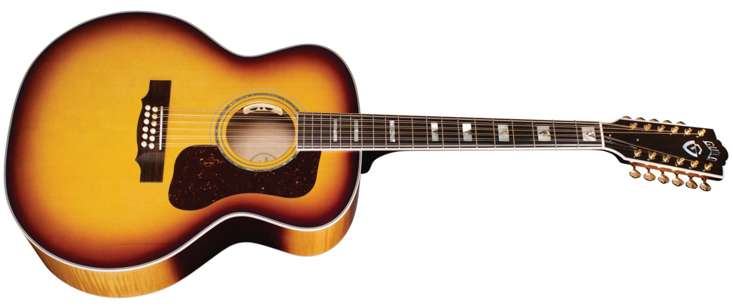 Horizontal side view of F-512E Maple Antique Burst guitar