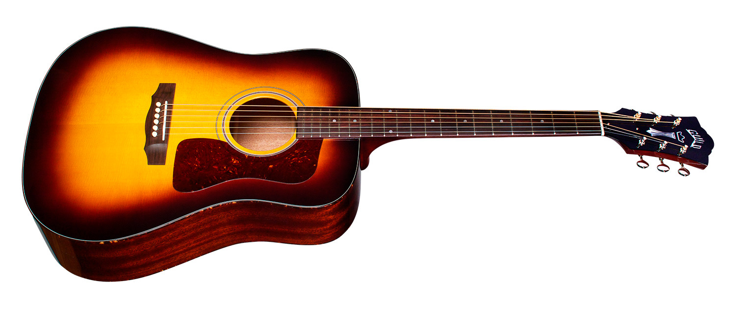 Horizontal front angle view of D-40 Antique Burst acoustic guitar