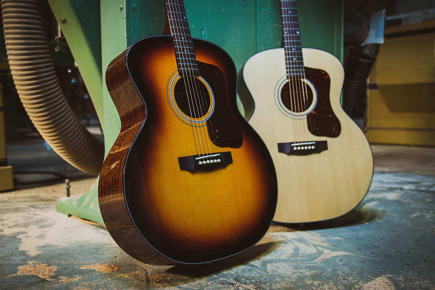 F-40 Natural and Antique Burst acoustic guitars are displayed side by side.
