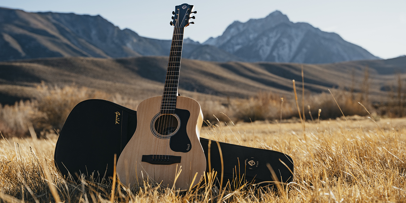 Travel spruce with gig bag at an outdoor field