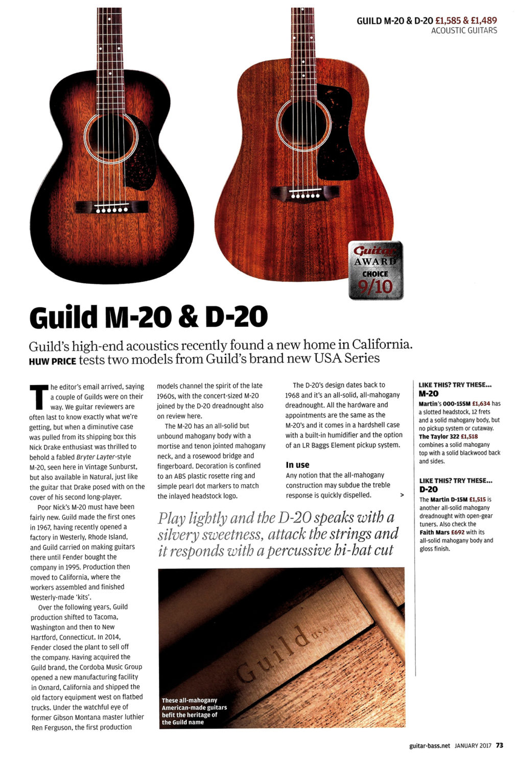 Guitar & Bass Magazine Review the M-20 & D-20 | Guild Guitars